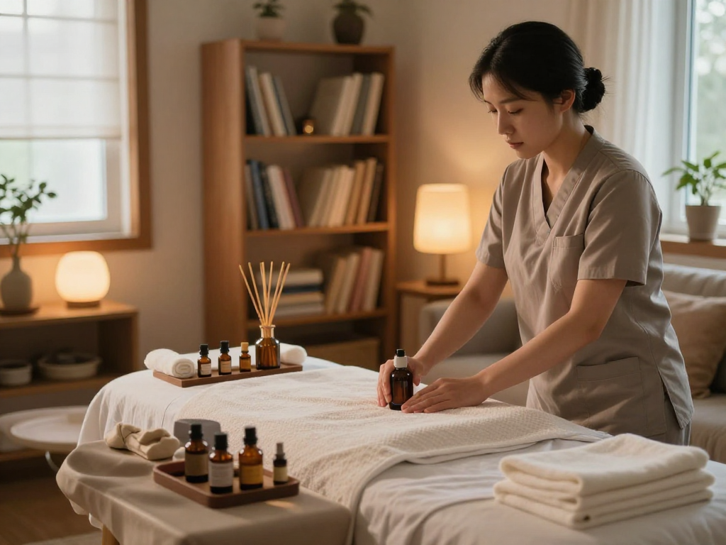 Experience peaceful 파주출장안마 with a professional therapist creating a serene home massage environment.