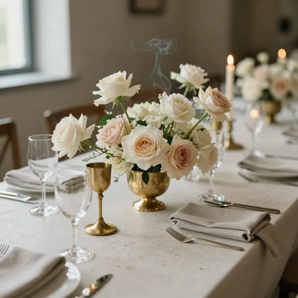 Brass and ivory reception centerpieces with roses, napkins, glassware, and candle smoke on a wedding table.