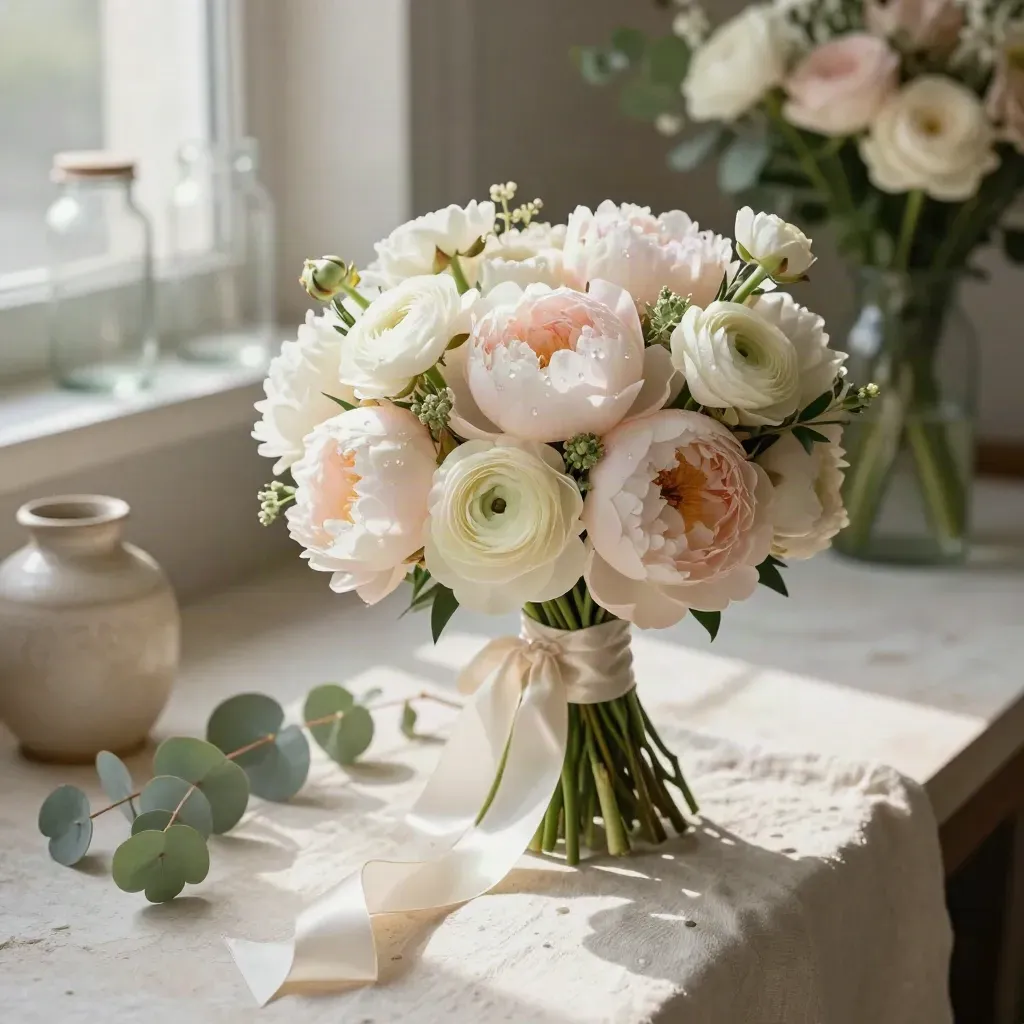 Blush-and-ivory bridal bouquet on linen beside clipped stems and a ceramic vessel