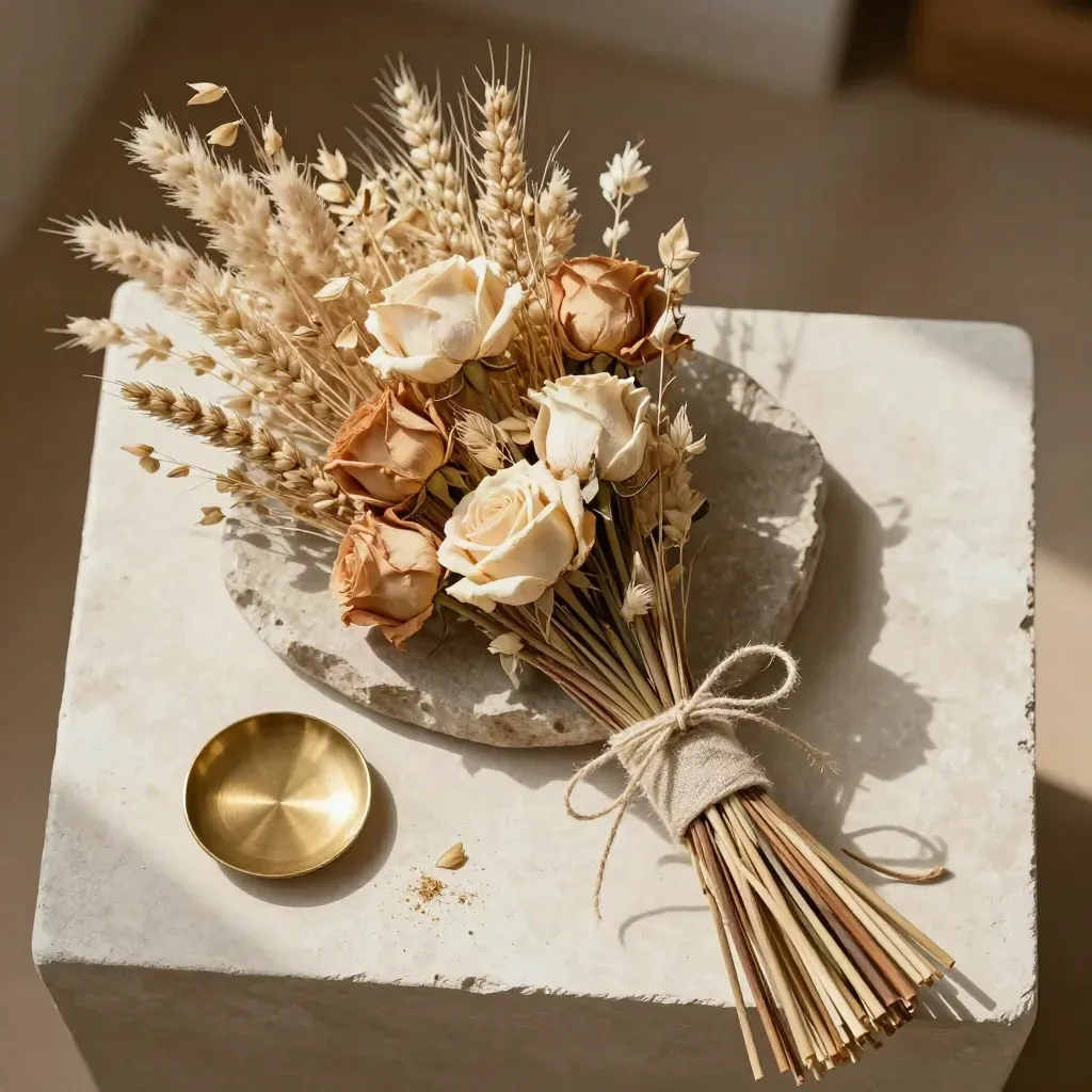 Top-down dried-flower gift bundle with wheat, grasses, roses, and a stone dish in warm light.