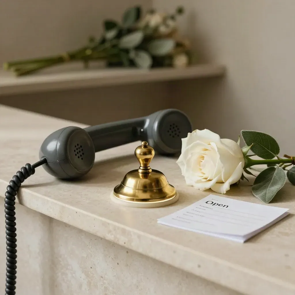 Floral studio message vignette with a phone handset, brass bell, wax seal, bowl and ivory bloom.